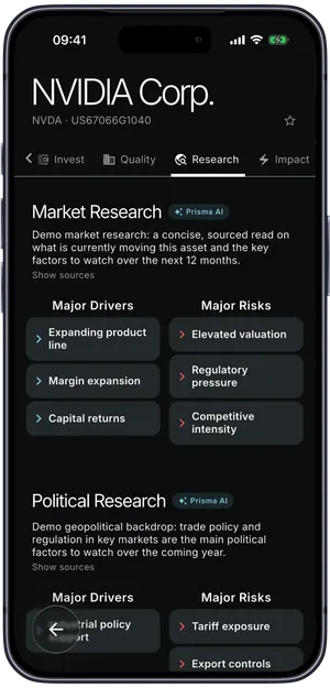 Planfolio AI research view for NVIDIA showing market and political drivers and risks