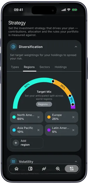 Planfolio strategy setup with target allocation, and the Health Check scoring a portfolio against it